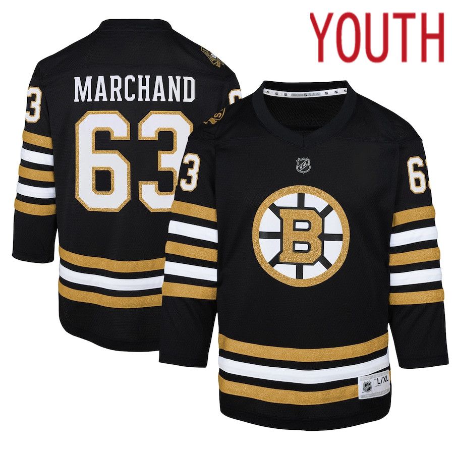 Youth Boston Bruins #63 Brad Marchand Black 100th Anniversary Replica Player NHL Jersey->->Youth Jersey